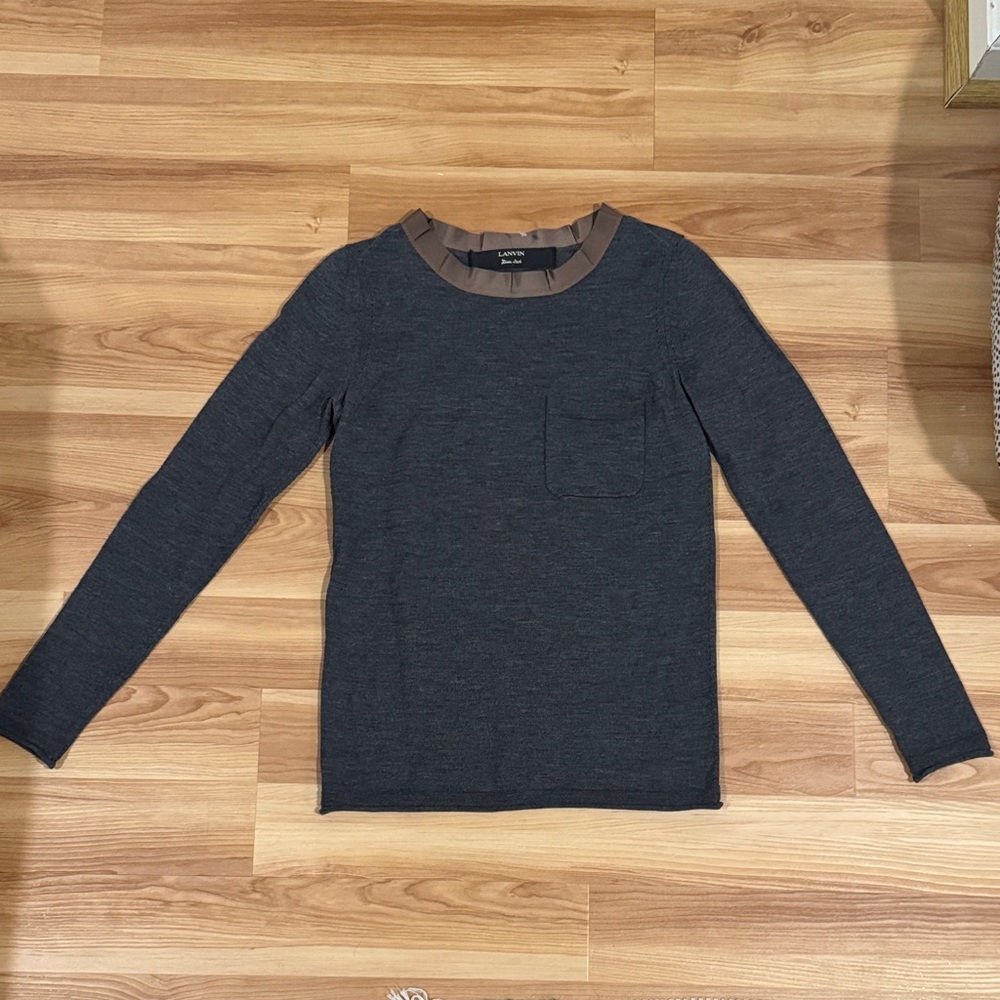 Lanvin Gray Sweater with Brown Ribbon Collar
